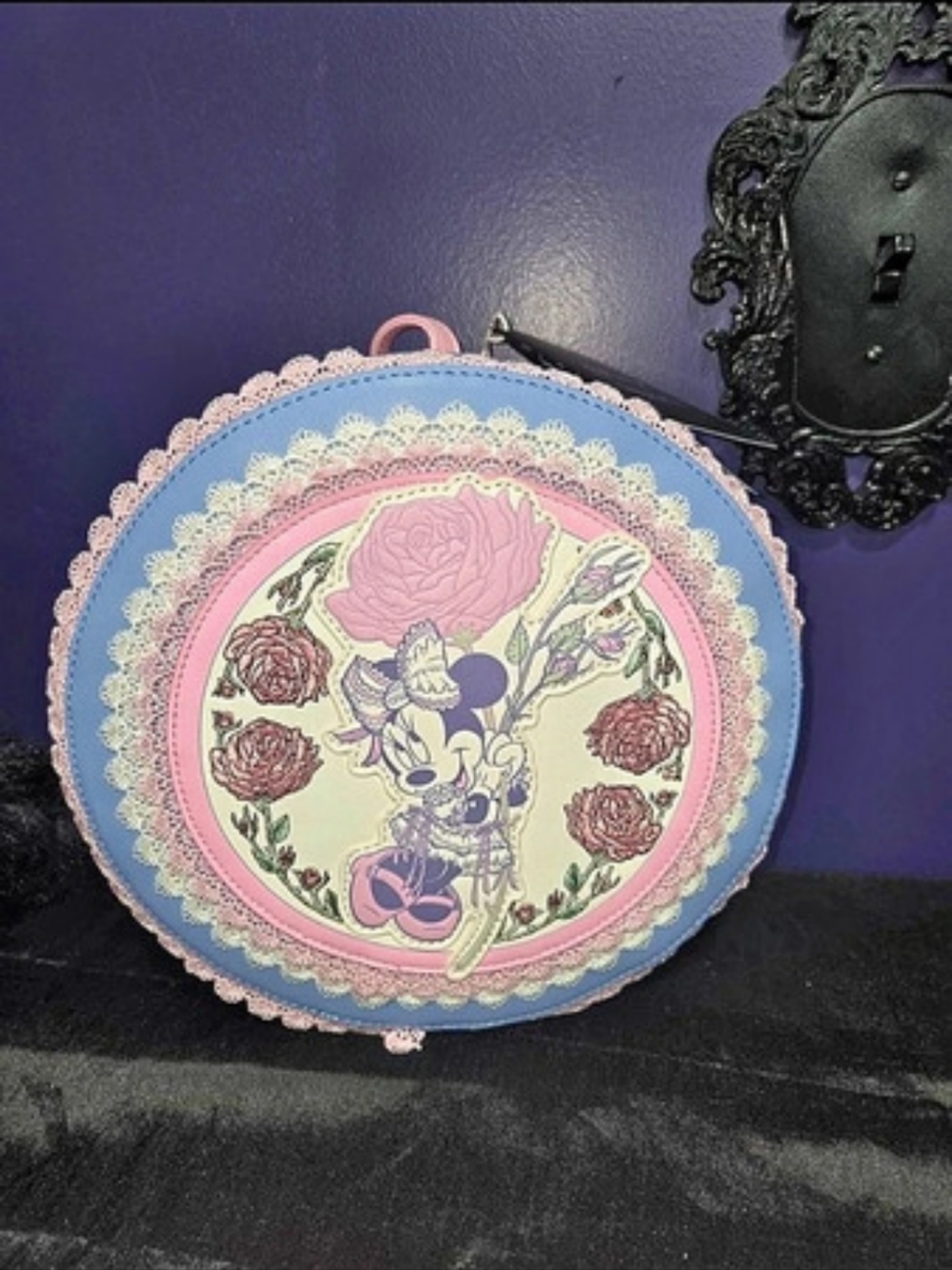 Loungefly Disney Minnie Mouse Floral Lace Round Mini Backpack Blue & Pink NWT